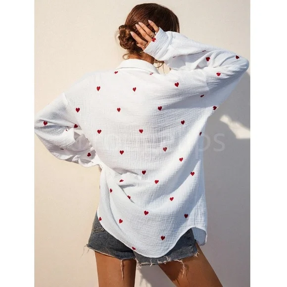 Cotton White Casual Shirt Embroidered Red Hearts Button Down Up Long Sleeve - Picture 3 of 16